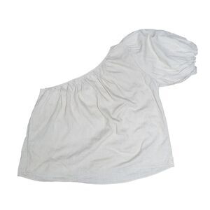 STORY Size Small Women's One Shoulder Top Puff Sleeve Linen Casual Blouse Shirt